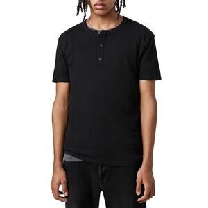 ALL SAINTS | Mens Black Figure Short Sleeve Henley Raw Distressed Seams M